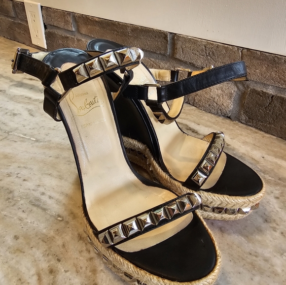 Christian Louboutin Black Leather/Studded Cataclou 140 Espadrille Wedge SZ 40 - Picture 3 of 12